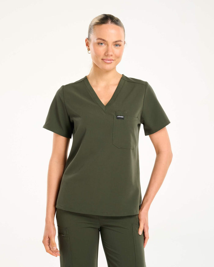 Essential One Pocket V Neck Scrub Top - Khaki Green