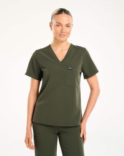 Essential One Pocket V Neck Scrub Top - Khaki Green
