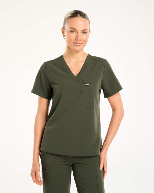 Essential One Pocket V Neck Scrub Top - Khaki Green