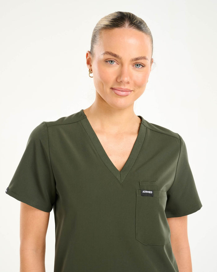 Essential One Pocket V Neck Scrub Top - Khaki Green