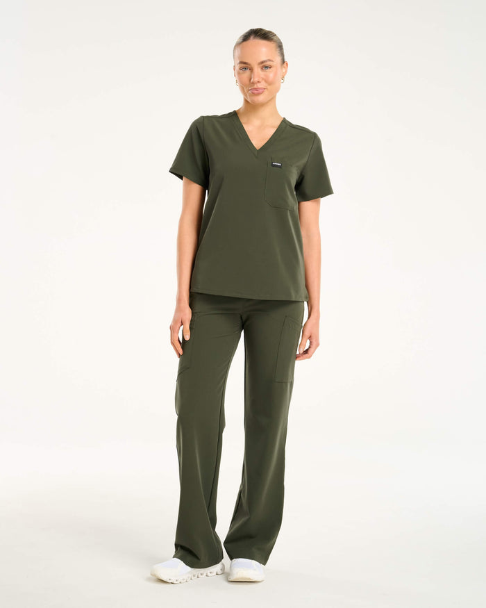 Essential One Pocket V Neck Scrub Top - Khaki Green