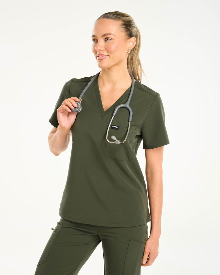 Essential One Pocket V Neck Scrub Top - Khaki Green