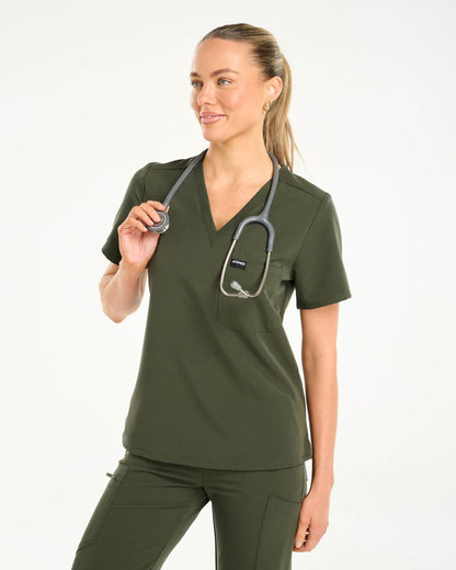 Essential One Pocket V Neck Scrub Top - Khaki Green