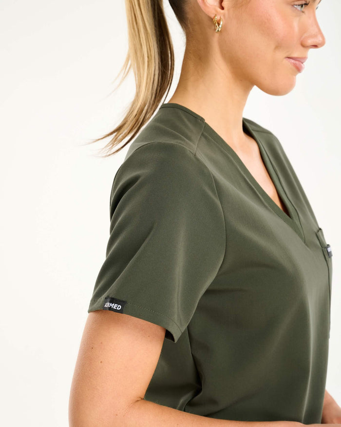 Essential One Pocket V Neck Scrub Top - Khaki Green