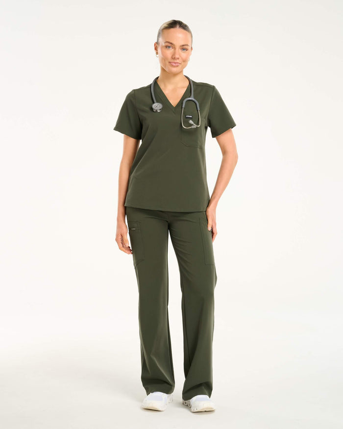 Essential One Pocket V Neck Scrub Top - Khaki Green