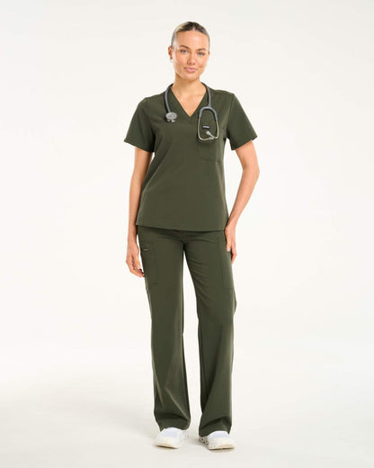 Essential One Pocket V Neck Scrub Top - Khaki Green
