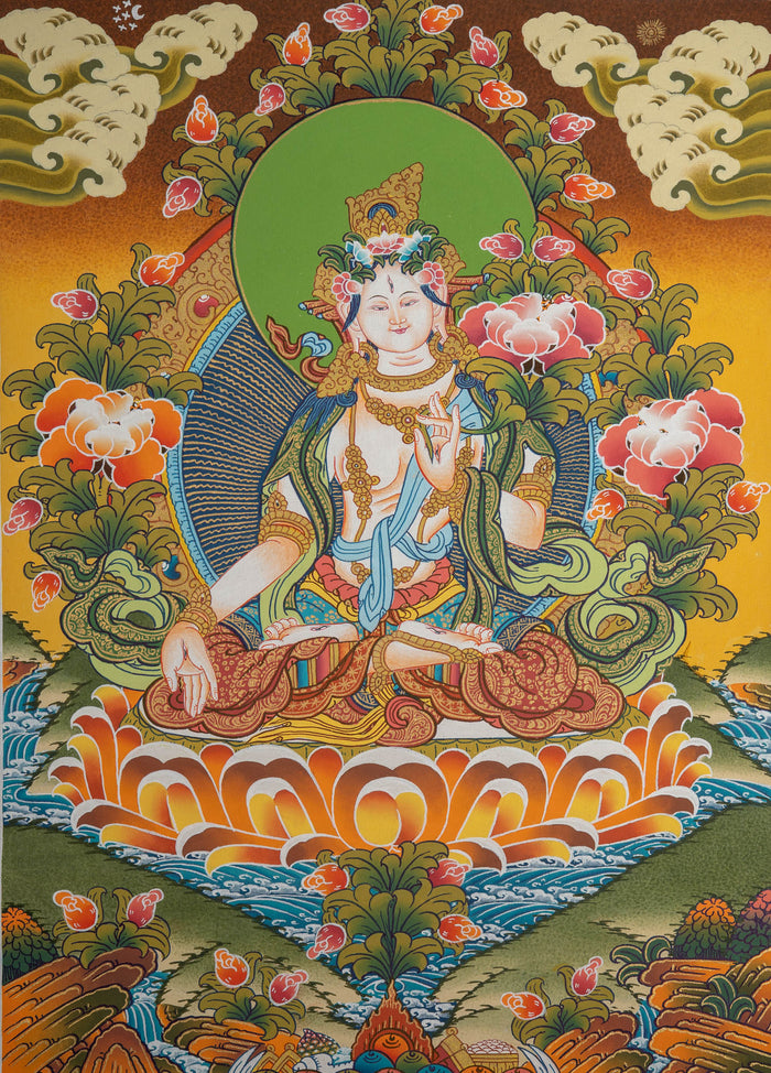 White Tara Thangka Painting - Handpainted Thangka Art
