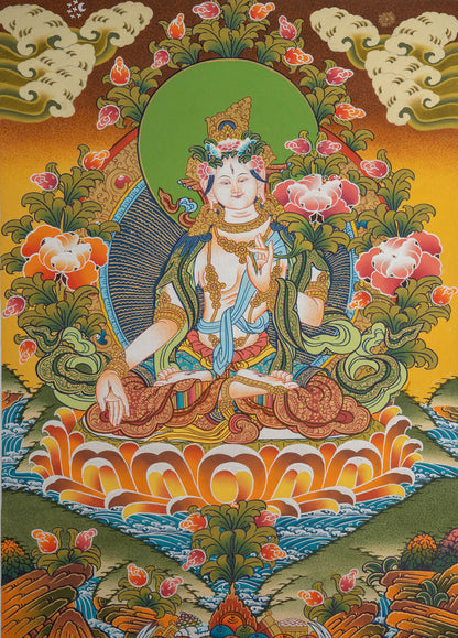 White Tara Thangka Painting - Handpainted Thangka Art