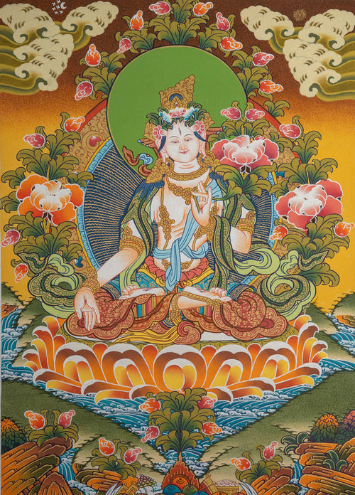 White Tara Thangka Painting - Handpainted Thangka Art