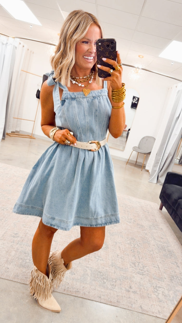 - FINAL SALE- Hadley Tie-Shoulder Denim Dress
