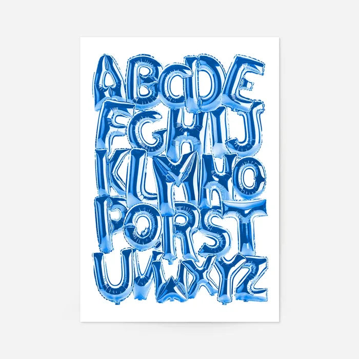 Blue foil balloon alphabet A-Z educational print on a white background.