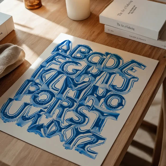 Educational blue print poster with A-Z alphabet letters styled as shiny foil balloons on a wooden table.