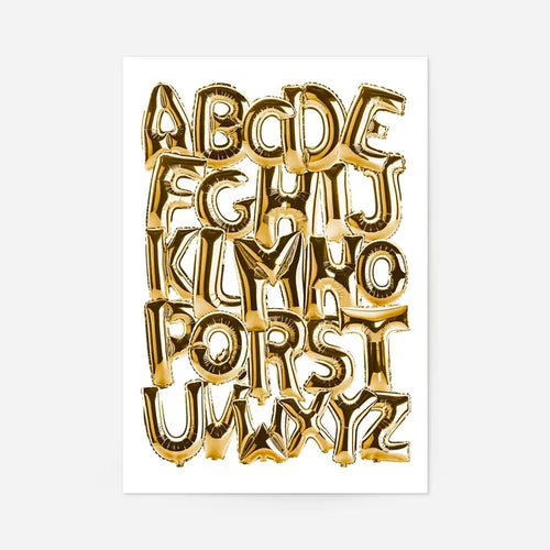Educational print featuring the alphabet A-Z in shiny gold foil balloon style on a white background.