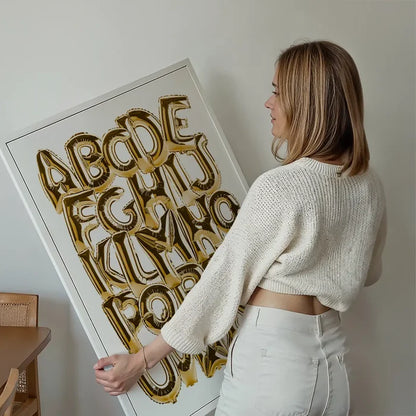 Woman holding a framed educational poster with gold foil balloon alphabet letters A-Z on a white background.