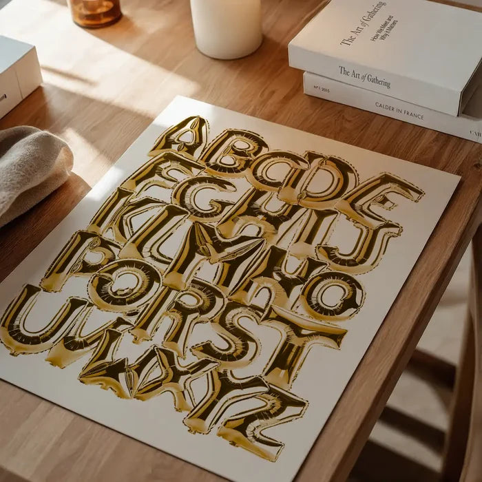 Educational gold foil balloon alphabet print A-Z on a white poster, displayed on a wooden table.