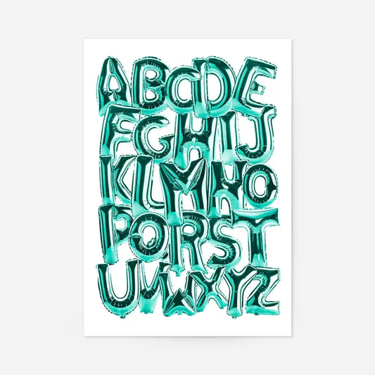 Teal foil balloon alphabet A-Z educational print on a white background.