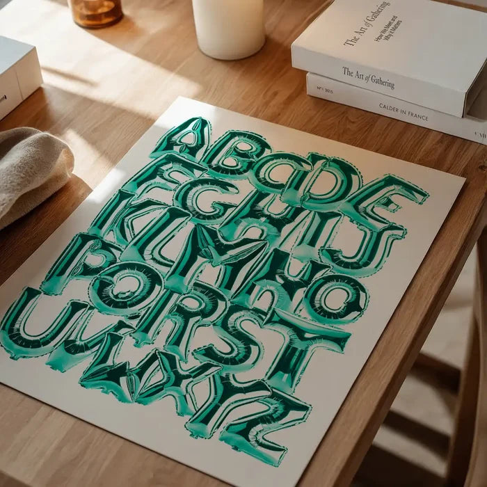 Teal foil balloon alphabet A-Z educational print on a white poster, displayed on a wooden table.