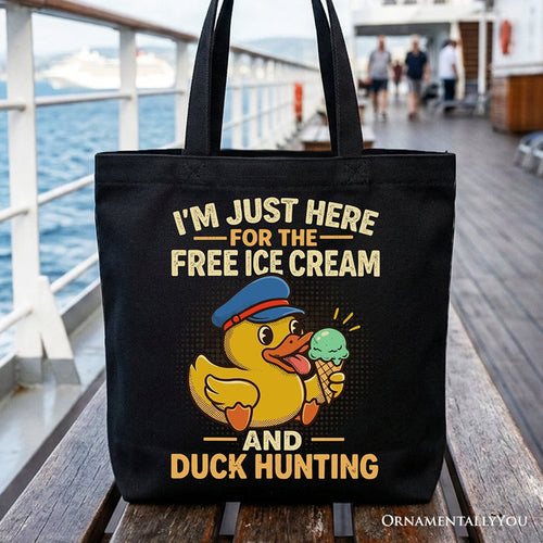Funny Resin Duck Cruise Tote Bag, Ice Cream And Duck Hunter Vacation Gift Shopper Tote Bag OrnamentallyYou Black
