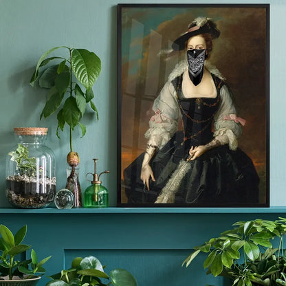 Vintage portrait print of a woman in a black dress and hat, wearing a black bandana mask.