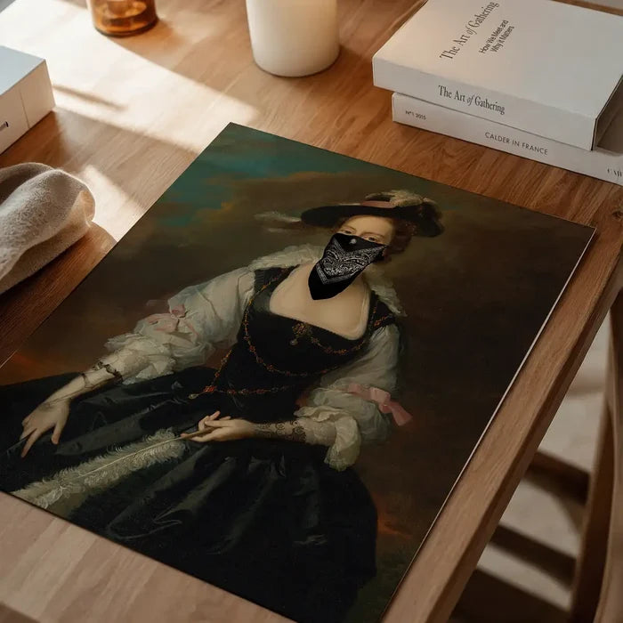 Vintage portrait painting print of a woman in a black dress with a black bandana mask.