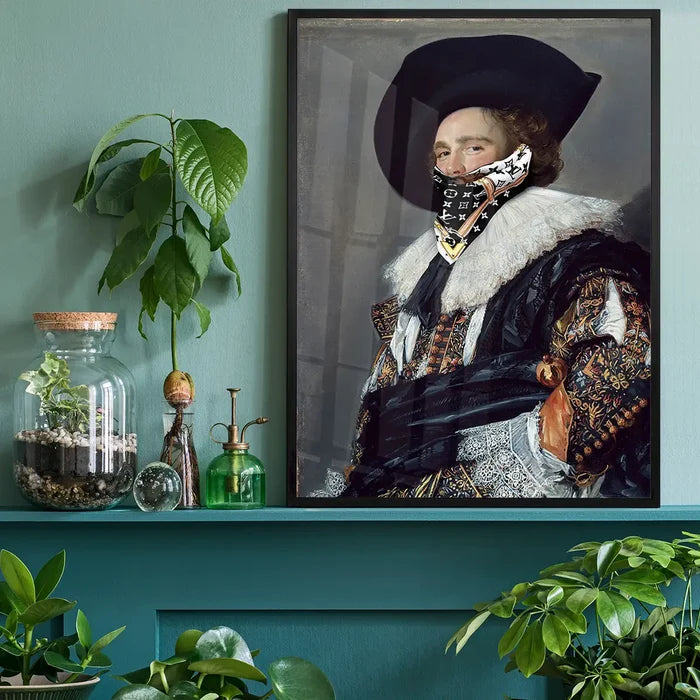 Framed art print of a classic portrait with a man wearing a black Louis Vuitton scarf mask.