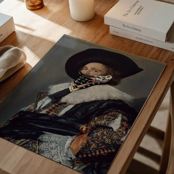 Vintage portrait print of The Laughing Cavalier wearing a black and white Louis Vuitton scarf mask.