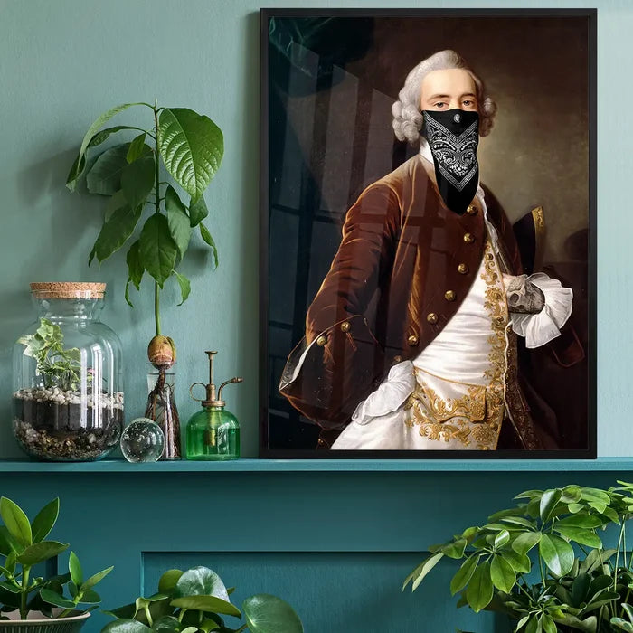 Framed Gang Portrait Male Print: vintage painting of a man in a brown coat with a black bandana mask.