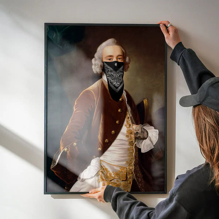 Framed Gang Portrait Male Print: vintage painting of a man with a black bandana mask.