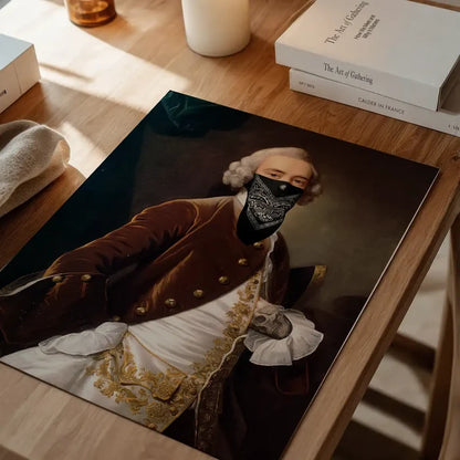 Gang Portrait Male Print: Vintage painting of a man in a brown coat with a black bandana mask.