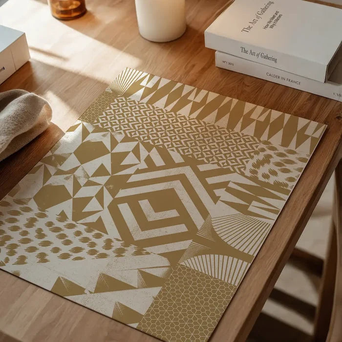 Abstract geometric segments gold print on archival art paper, displayed on a wooden table.