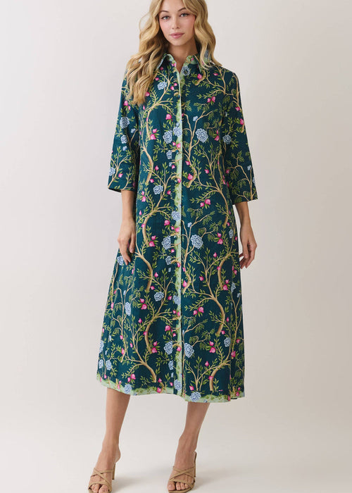 tcec cd07354 Green Botanical Print Button Front Midi Dress fall event dress
