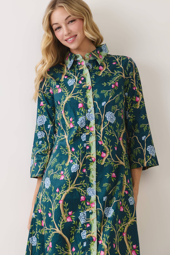 Green Botanical Print Button Front Midi Dress