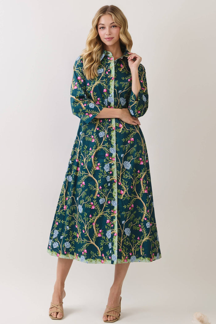 Green Botanical Print Button Front Midi Dress