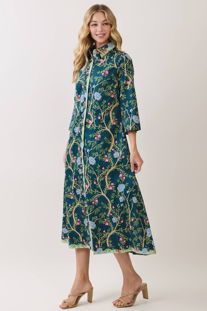 Green Botanical Print Button Front Midi Dress