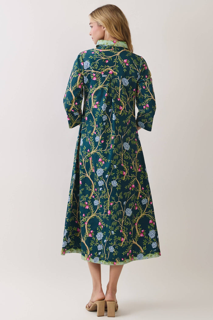 Green Botanical Print Button Front Midi Dress