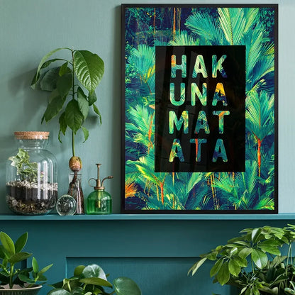 Black framed Hakuna Matata quote print with vibrant tropical green leaves and orange accents.
