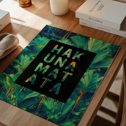 Hakuna Matata quote print with tropical green palm leaves on a black background, on a wooden table.