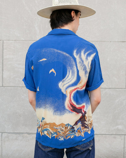 Japanese Repro, Short Sleeve Aloha Shirt, Denime Brand, Blue Volcano -  L