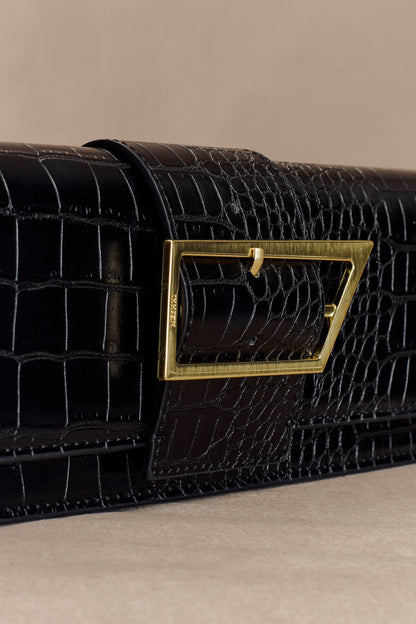Jessica Faux Leather Crocodile Clutch - Black