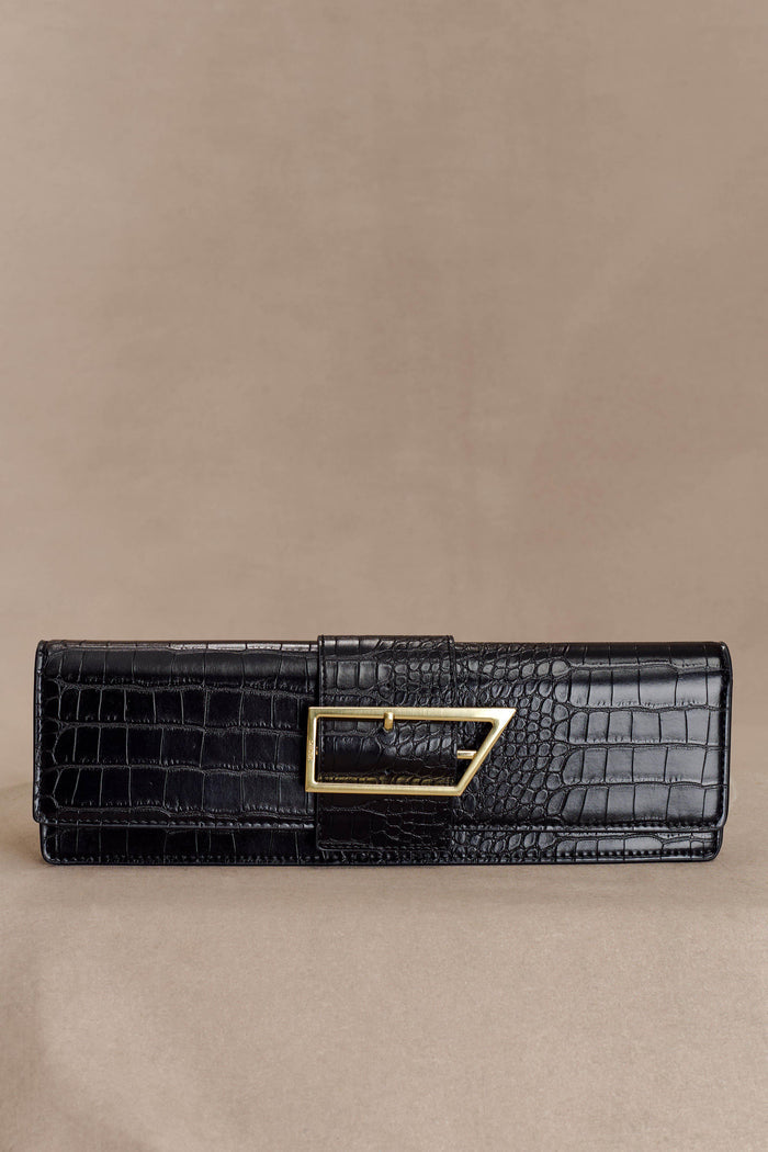 Jessica Faux Leather Crocodile Clutch - Black