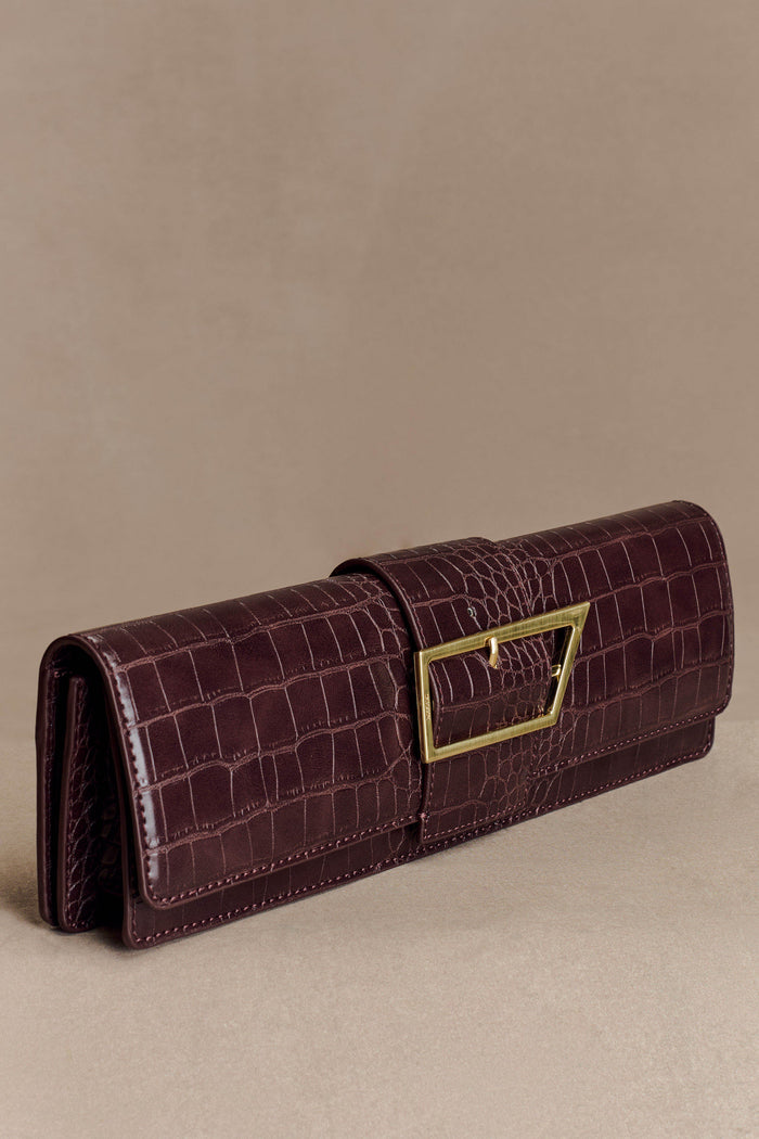 Jessica Faux Leather Crocodile Clutch - Burgundy