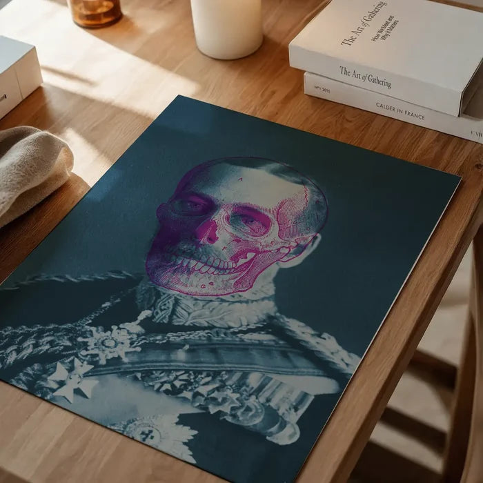 Urban art print of King George V with a vibrant pink skull overlay on archival paper.