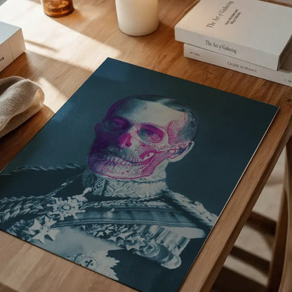 Urban art print of King George V with a vibrant pink skull overlay on archival paper.