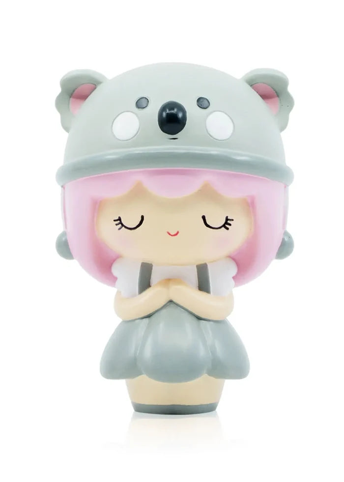 Toy figurine of a girl in koala garment, inspired by hugs. Momiji doll with unique design and hidden message feature.