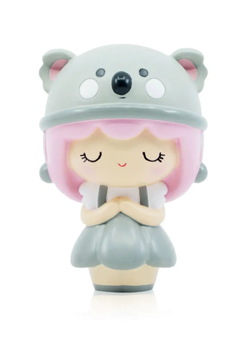 Toy figurine of a girl in koala garment, inspired by hugs. Momiji doll with unique design and hidden message feature.