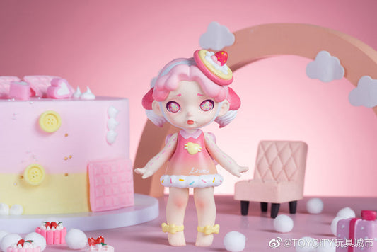 A toy doll with a cake, chair, and hat from LAURA Sweet Monster Capsule Blind Box Series.
