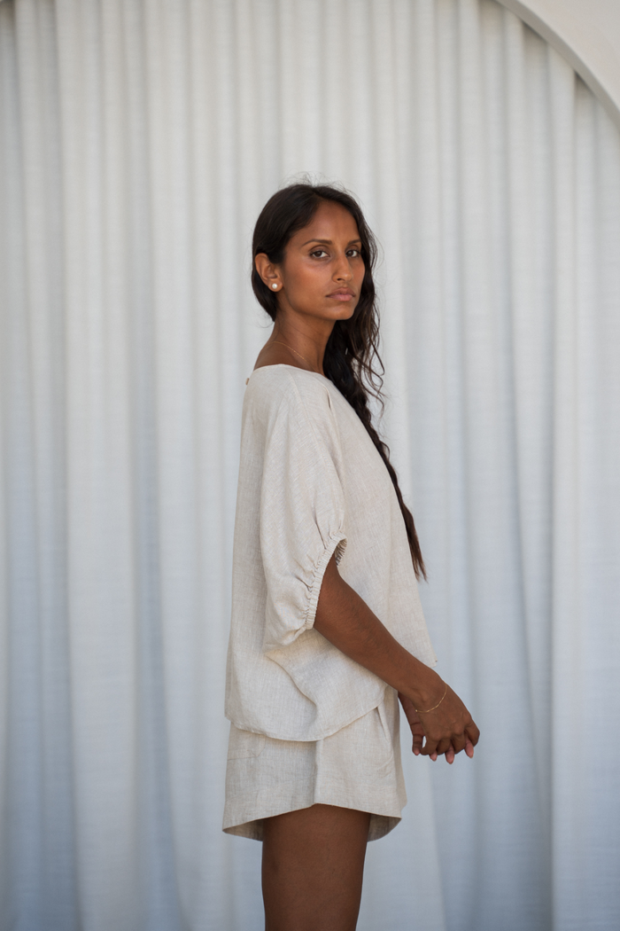 Model wearing Lilly Pilly LPW23-T001 Tina Linen Top Oatmeal by Lilly Pilly, shop Lilly Pilly at Dotique.