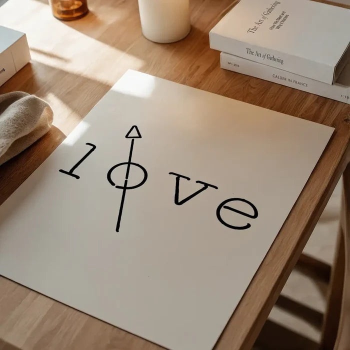White archival art print with "LOVE" in black typography, featuring a compass arrow in the 'O', on a wooden desk.