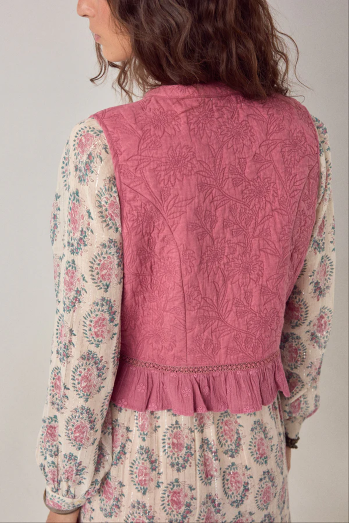Back view of Maison Hotel Mia Vest Peonia Punk Pink over floral blouse, shop Maison Hotel at Dotique