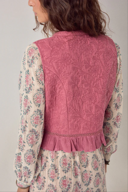 Back view of Maison Hotel Mia Vest Peonia Punk Pink over floral blouse, shop Maison Hotel at Dotique